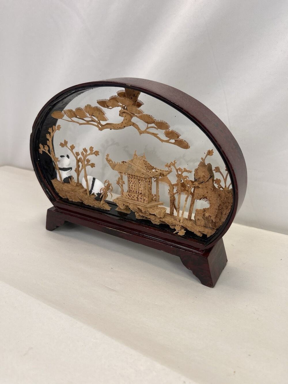 Vintage Chinese Hand Carved Cork Diorama 3D Art Pandas Pagoda Lacquer Base Glass